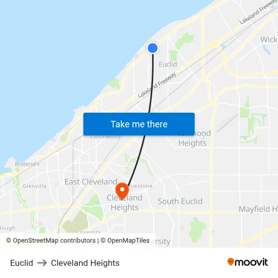 Euclid to Cleveland Heights map