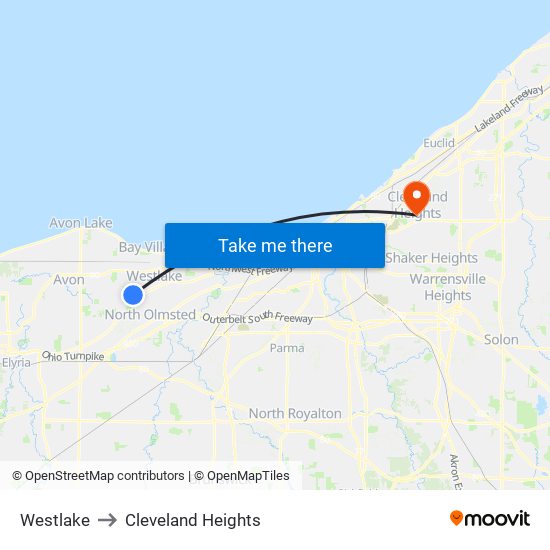 Westlake to Cleveland Heights map