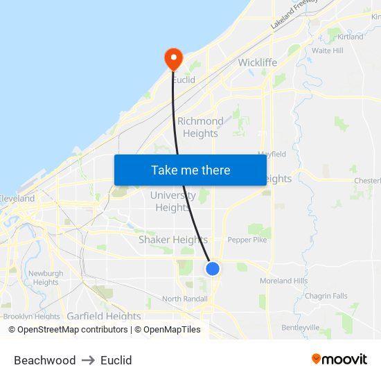 Beachwood to Euclid map