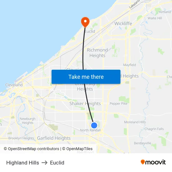 Highland Hills to Euclid map