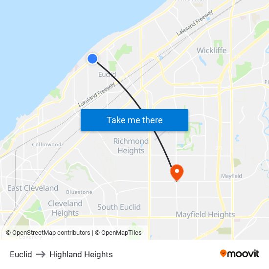 Euclid to Highland Heights map