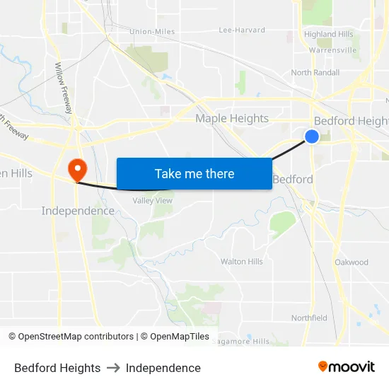 Bedford Heights to Independence map