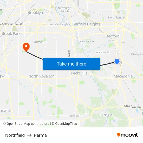 Northfield to Parma map