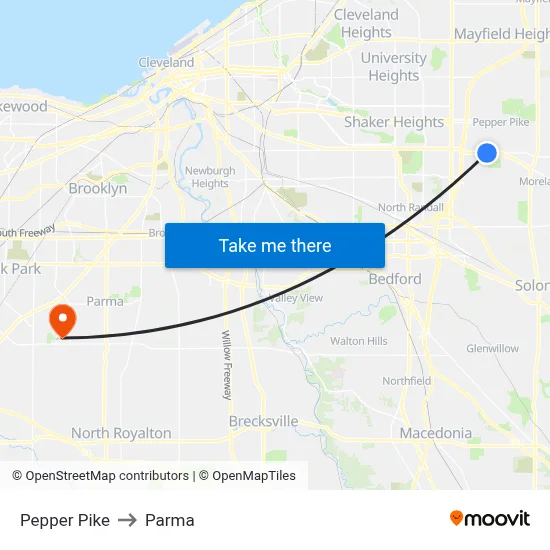 Pepper Pike to Parma map
