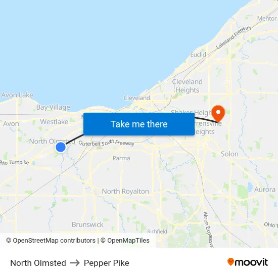 North Olmsted to Pepper Pike map