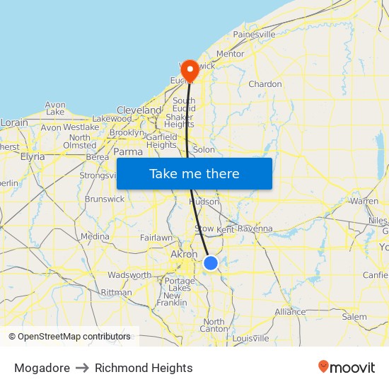 Mogadore to Richmond Heights map