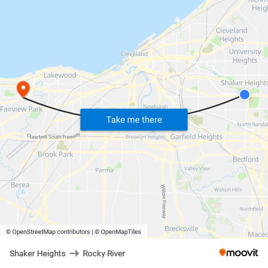 Shaker Heights to Rocky River map