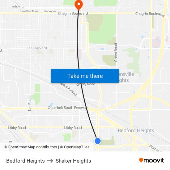 Bedford Heights to Shaker Heights map