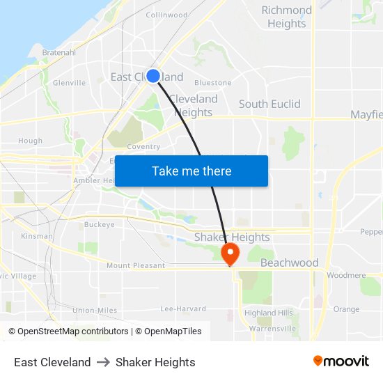 East Cleveland to Shaker Heights map