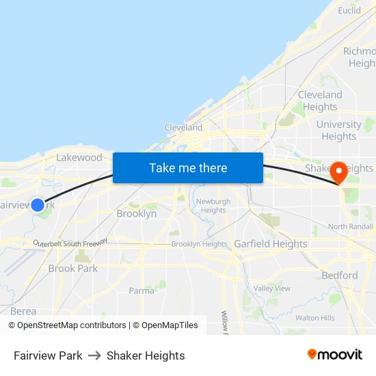 Fairview Park to Shaker Heights map