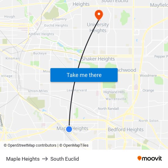 Maple Heights to South Euclid map