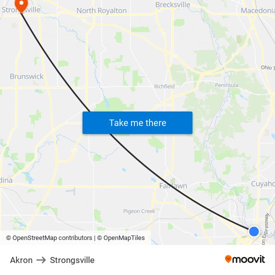 Akron to Strongsville map