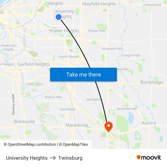 University Heights to Twinsburg map
