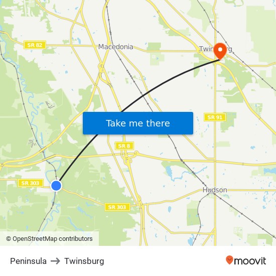 Peninsula to Twinsburg map