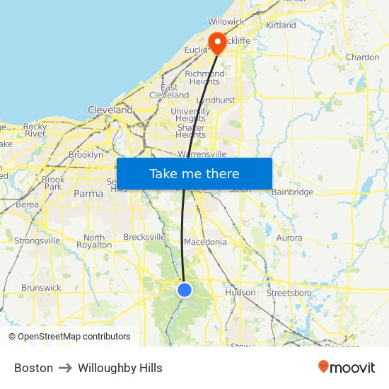 Boston to Willoughby Hills map