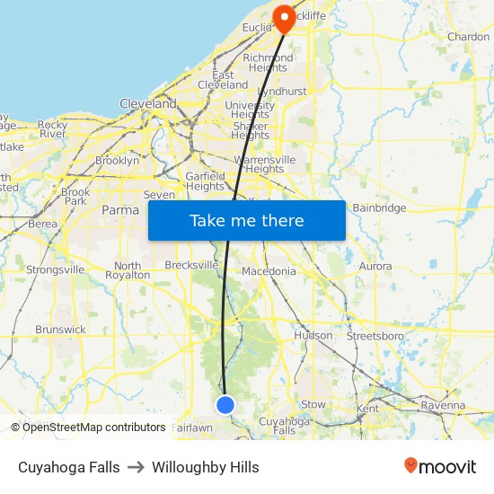 Cuyahoga Falls to Willoughby Hills map