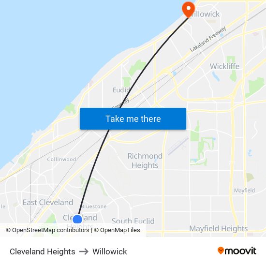 Cleveland Heights to Willowick map