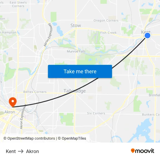 Kent to Akron map