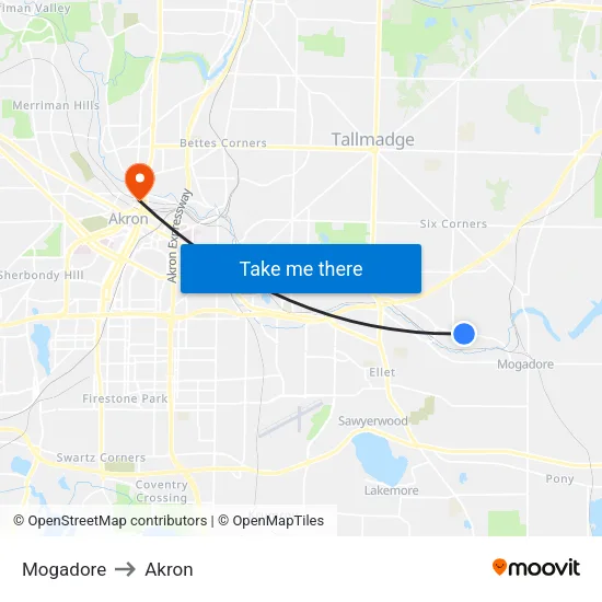 Mogadore to Akron map