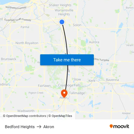 Bedford Heights to Akron map