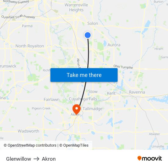 Glenwillow to Akron map