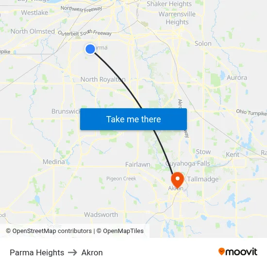 Parma Heights to Akron map