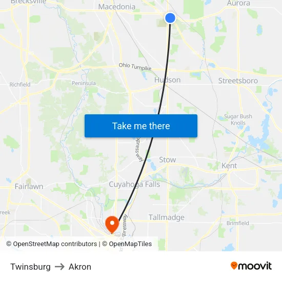 Twinsburg to Akron map