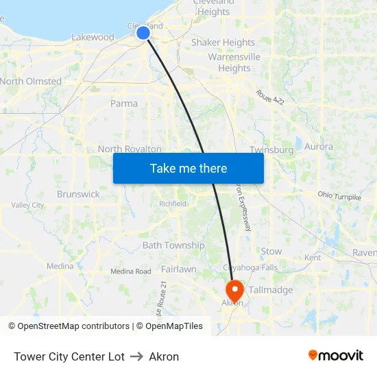 Tower City Center Lot to Akron map