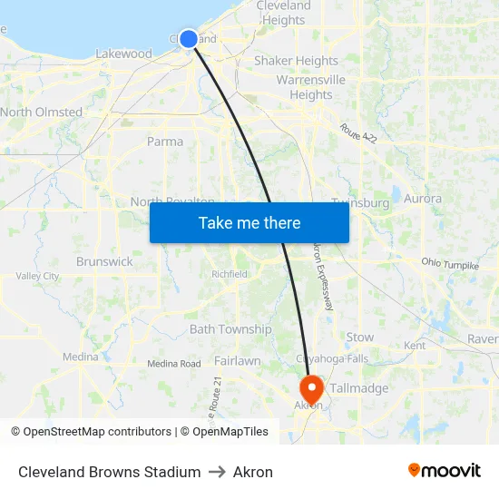 Cleveland Browns Stadium to Akron map