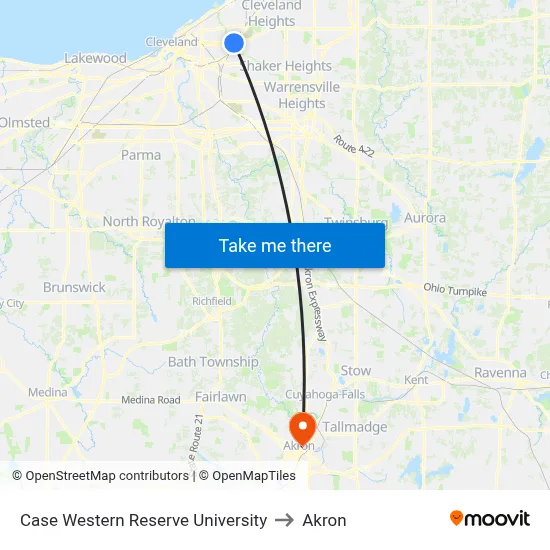 Case Western Reserve University to Akron map