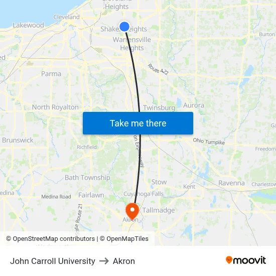 John Carroll University to Akron map