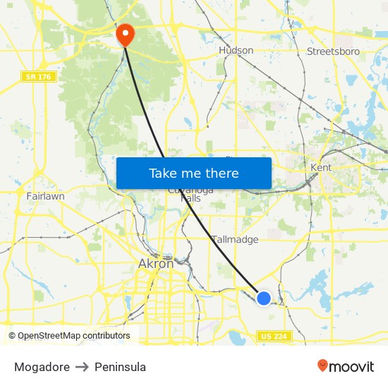 Mogadore to Peninsula map