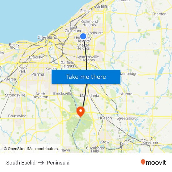 South Euclid to Peninsula map