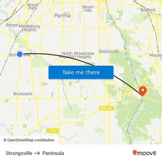 Strongsville to Peninsula map