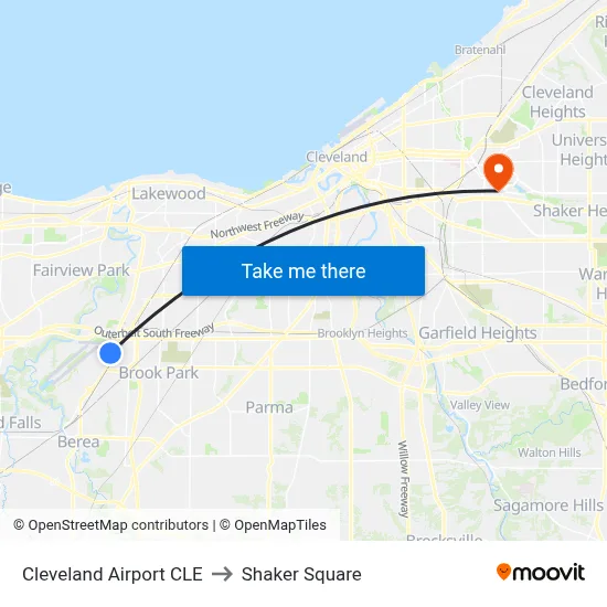 Cleveland Airport CLE to Shaker Square map