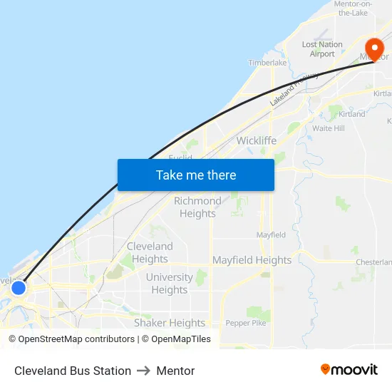 Cleveland Bus Station to Mentor map