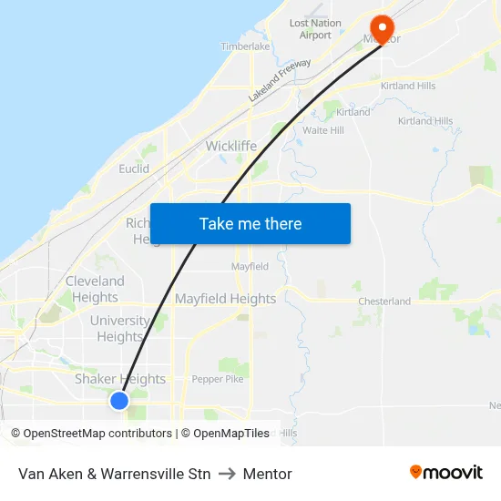 Van Aken & Warrensville Stn to Mentor map
