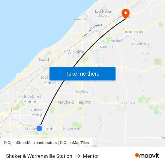 Shaker & Warrensville Station to Mentor map