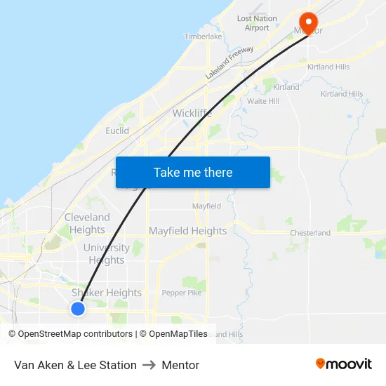 Van Aken & Lee Station to Mentor map