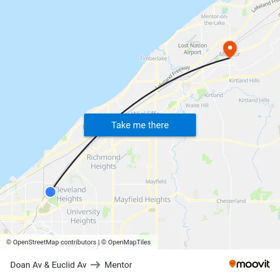 Doan Av & Euclid Av to Mentor map