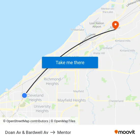 Doan Av & Bardwell Av to Mentor map