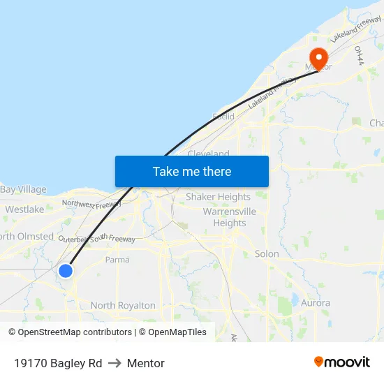 19170 Bagley Rd to Mentor map