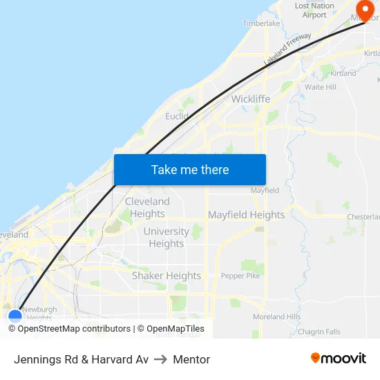 Jennings Rd & Harvard Av to Mentor map