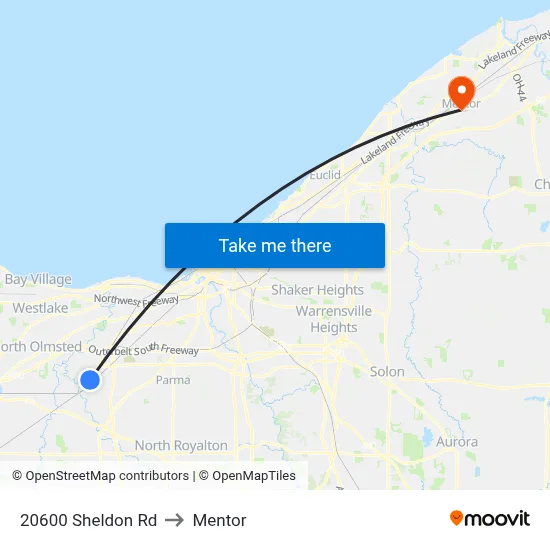 20600 Sheldon Rd to Mentor map