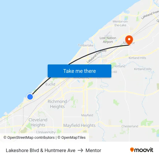 Lakeshore Blvd & Huntmere Ave to Mentor map