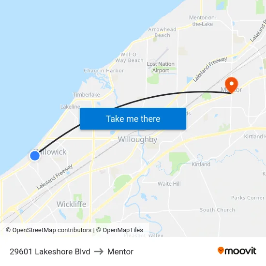 29601 Lakeshore Blvd to Mentor map