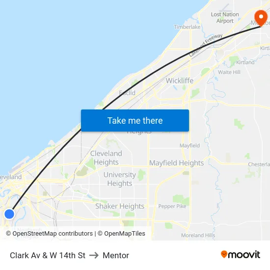Clark Av & W 14th St to Mentor map