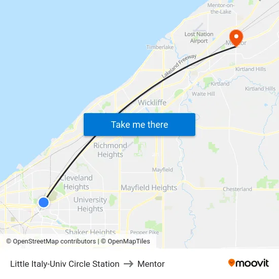 Little Italy-Univ Circle Station to Mentor map