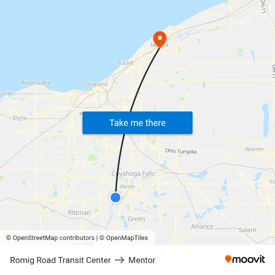 Romig Road Transit Center to Mentor map