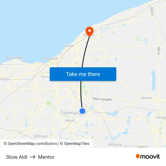 Stow Aldi to Mentor map